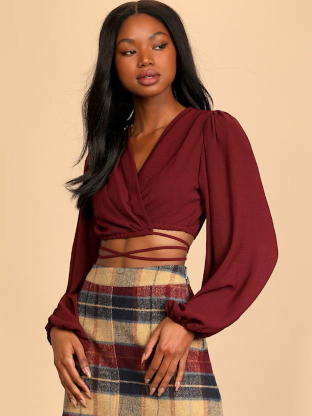 Lulus Flirty Impression Burgundy Long Sleeve Wrap Crop Top Red - Size S